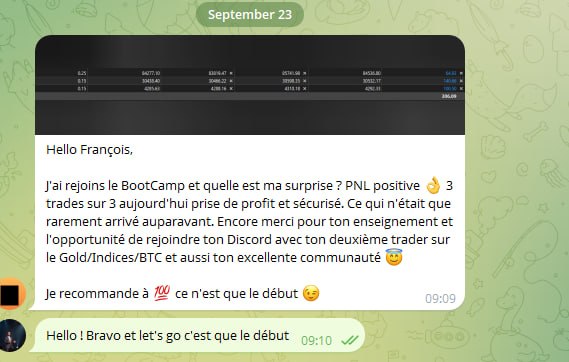 Avis WhatsApp d'un membre après avoir rejoint le Bootcamp