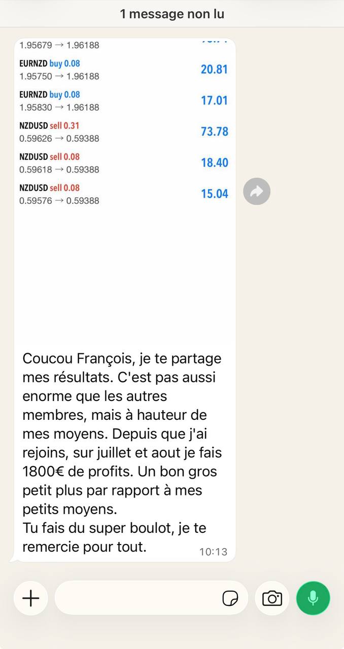 Témoignage d'un membre sur ses profits de juillet et août