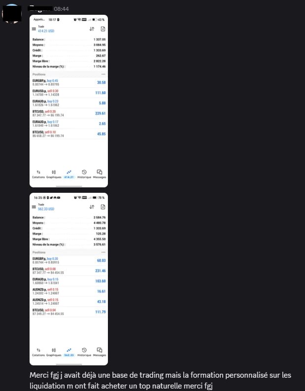 Témoignage d'un membre accompagné de deux captures de trading